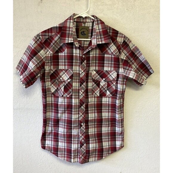 COEVALS CLUB Men's Western red Plaid Pearl Snap Buttons sz S short sleeves cowbo - Picture 2 of 5